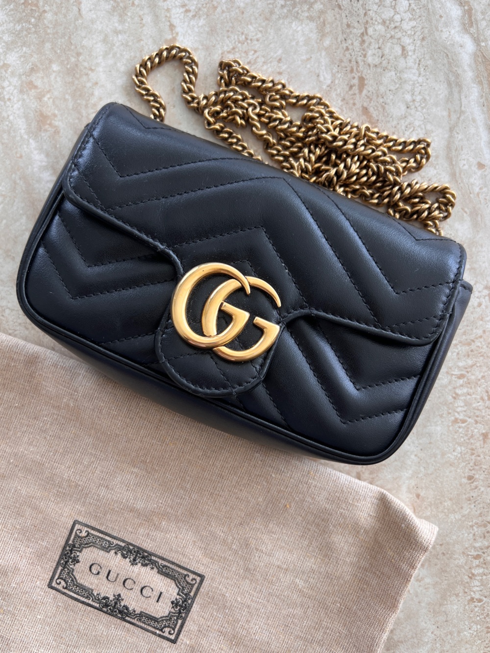 Gucci Super Mini Marmont -Black Quilted Leather Crossbody Bag with Gold Hardware